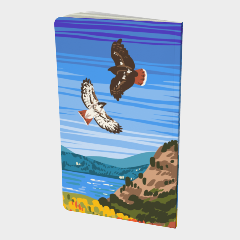 Back cover of notebook featuring print of painting of eagles, lake and mountain