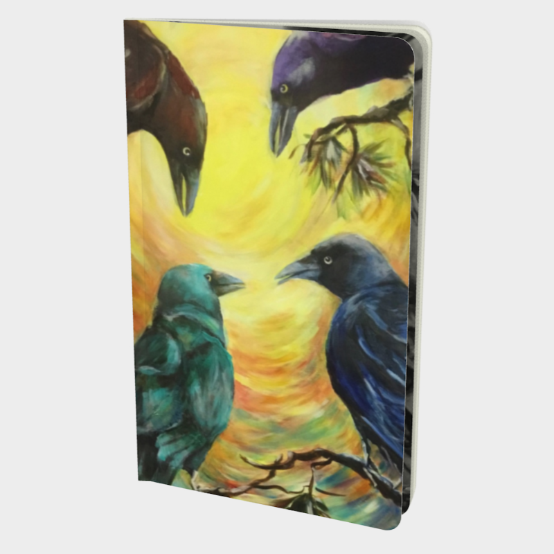 Front cover of notebook featuring colourful crows