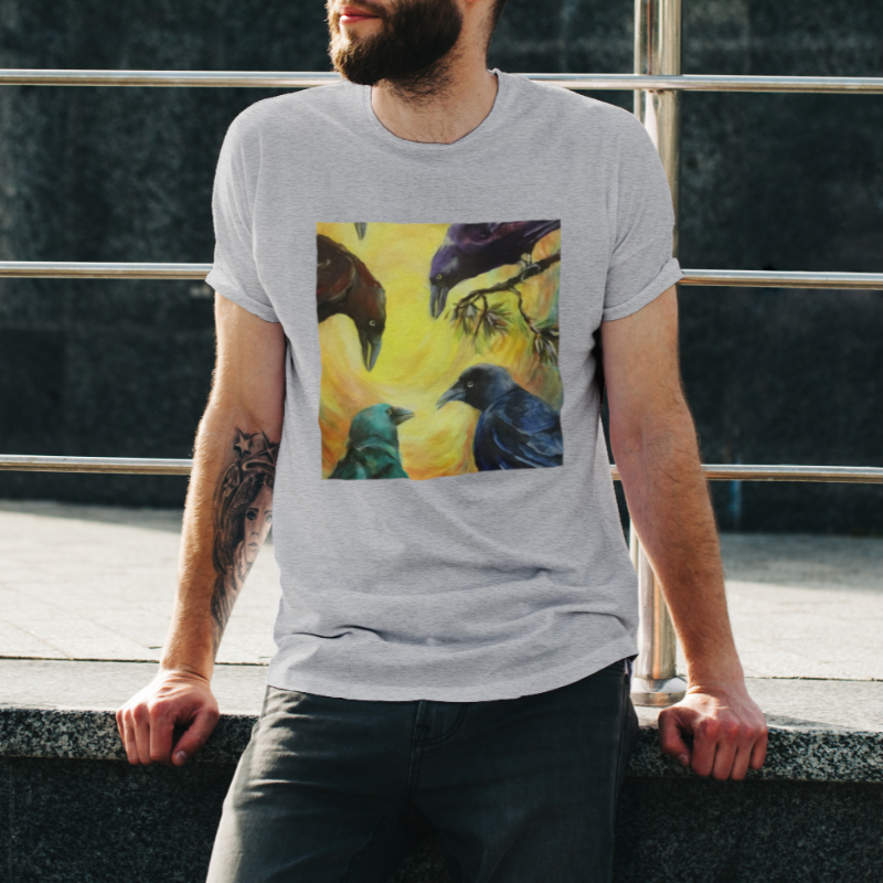 Man wearing white tshirt with decal featuring 4 crows
