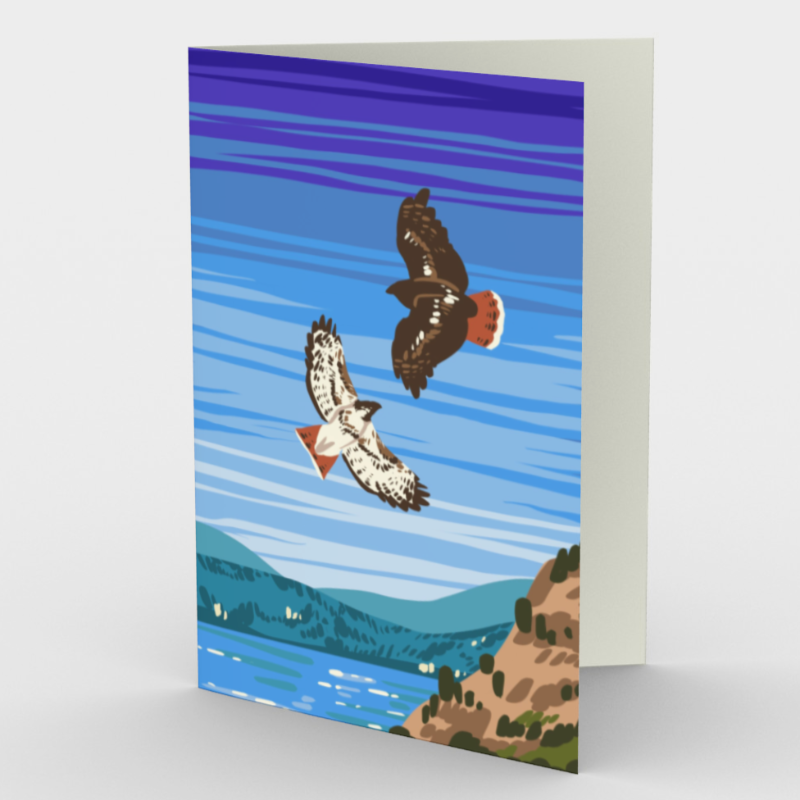 Greeting card depicting print of acrylic painting of two eagles against a sky and lake