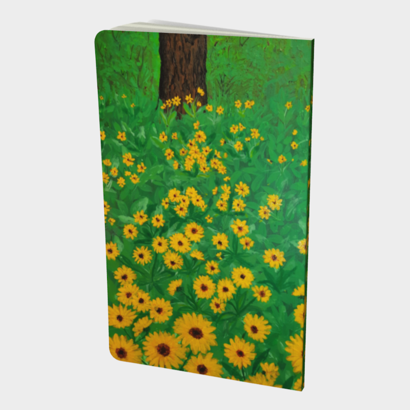 Back cover of notebook depicting print of painting of tree trunk surrounded by grass and yellow flowers