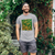 Man wearing grey tshirt with decal of green grass and yellow flowers