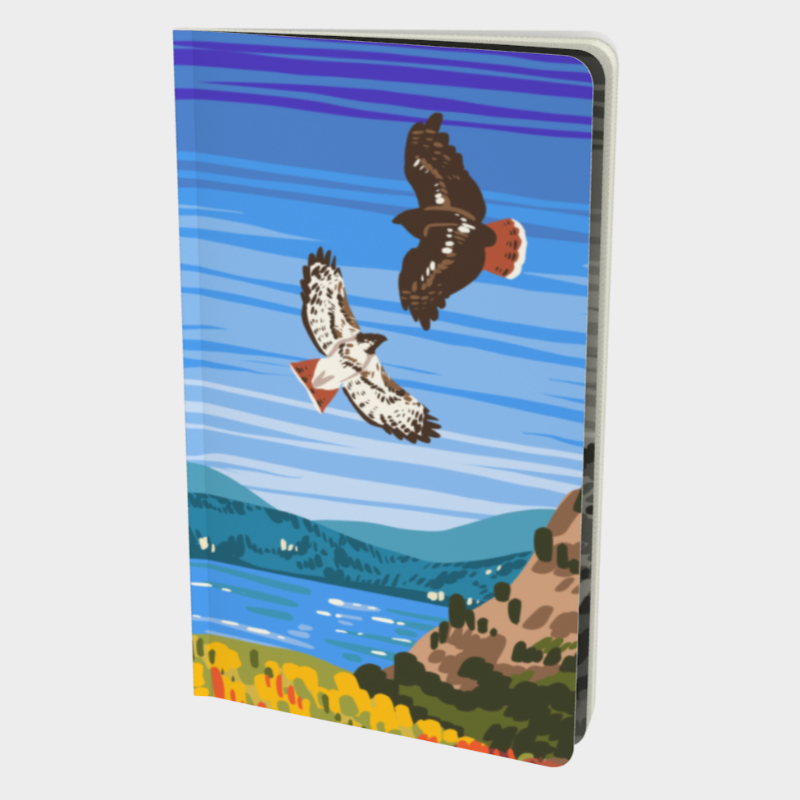 Front cover of notebook featuring print of painting of eagles, lake and mountain