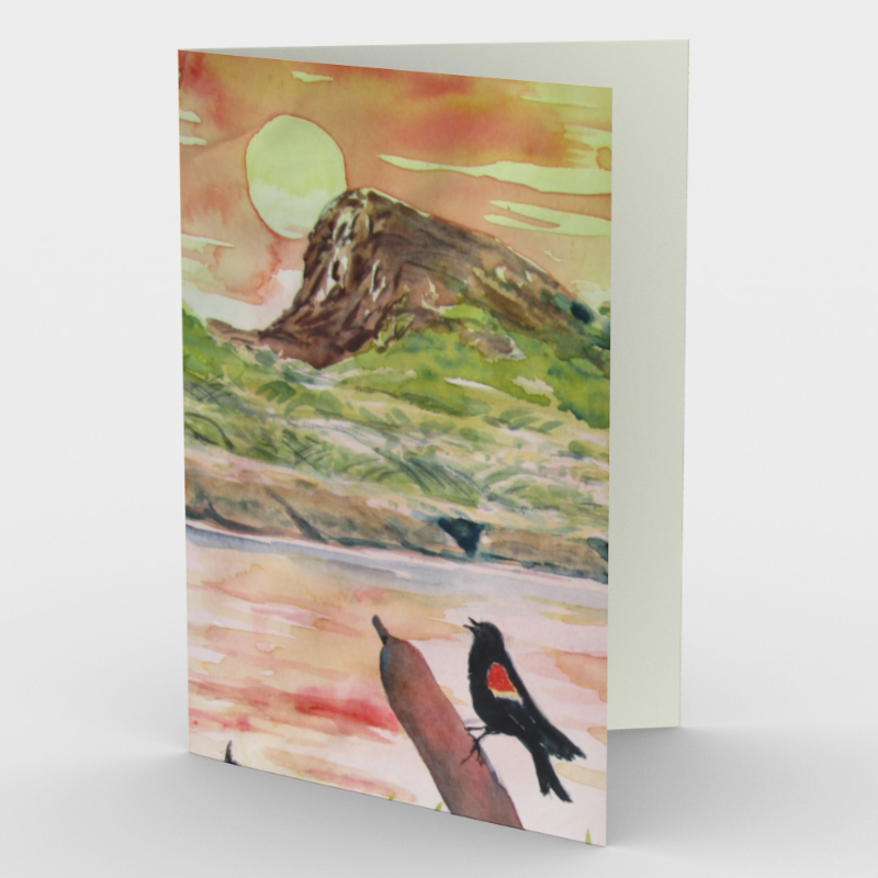 Greeting card featuring print of watercolour of Giant's Head Mountain and meadowlark.