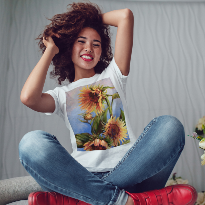 Woman wearing tshirt with sunflower decal