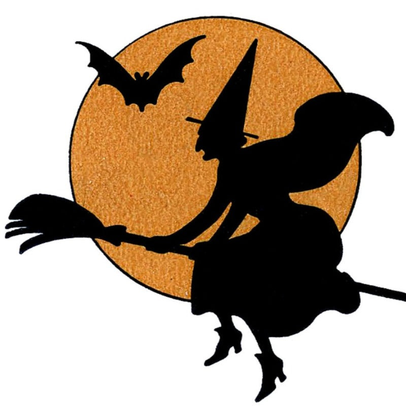 Silhouette of witch on broom and bats, in front of an orange moon