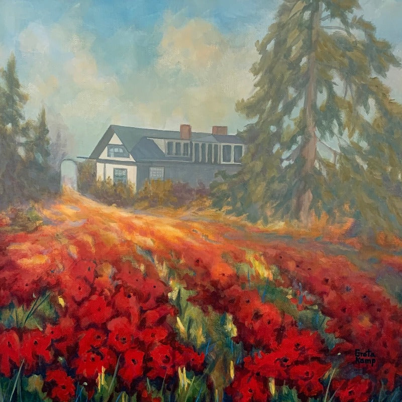 Acrylic painting of house with poppies in front garden