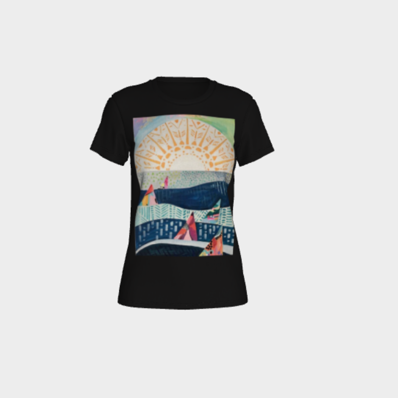 Black womens tee with decal of sailboats on lake