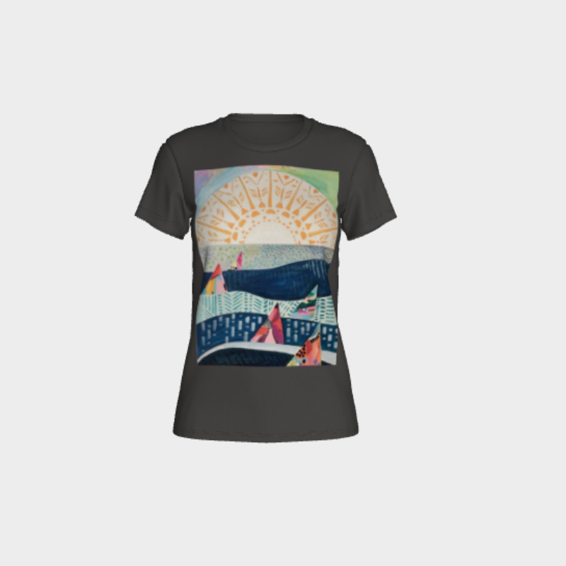 Heather womens tee with decal of sailboats on lake