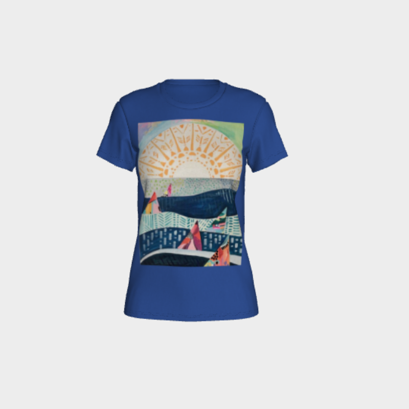 Royal blue womens tee with decal of sailboats on lake