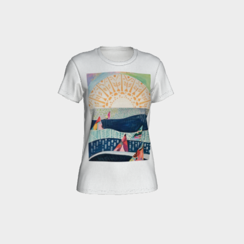 White womens tee with decal of sailboats on lake