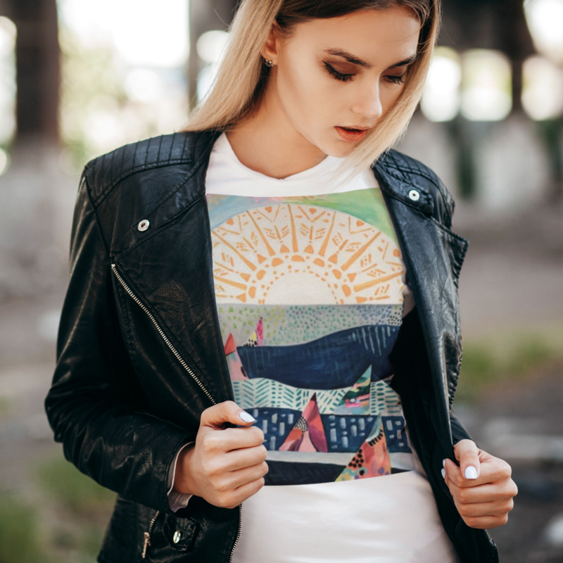 Woman wearing black leather jacket and white tshirt with sailboat decal
