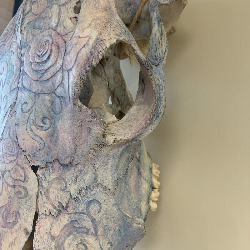 Detail of cow skull decorated with carved and tinted flowers and vines