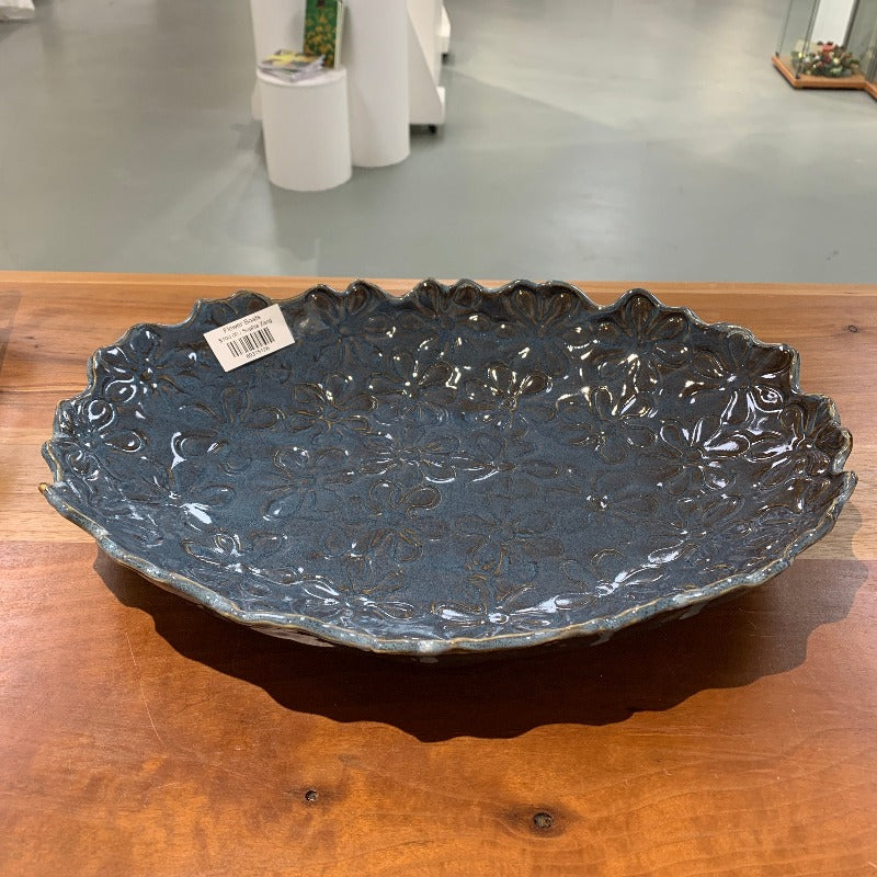 Grey/blue serving platter stamped with flowers