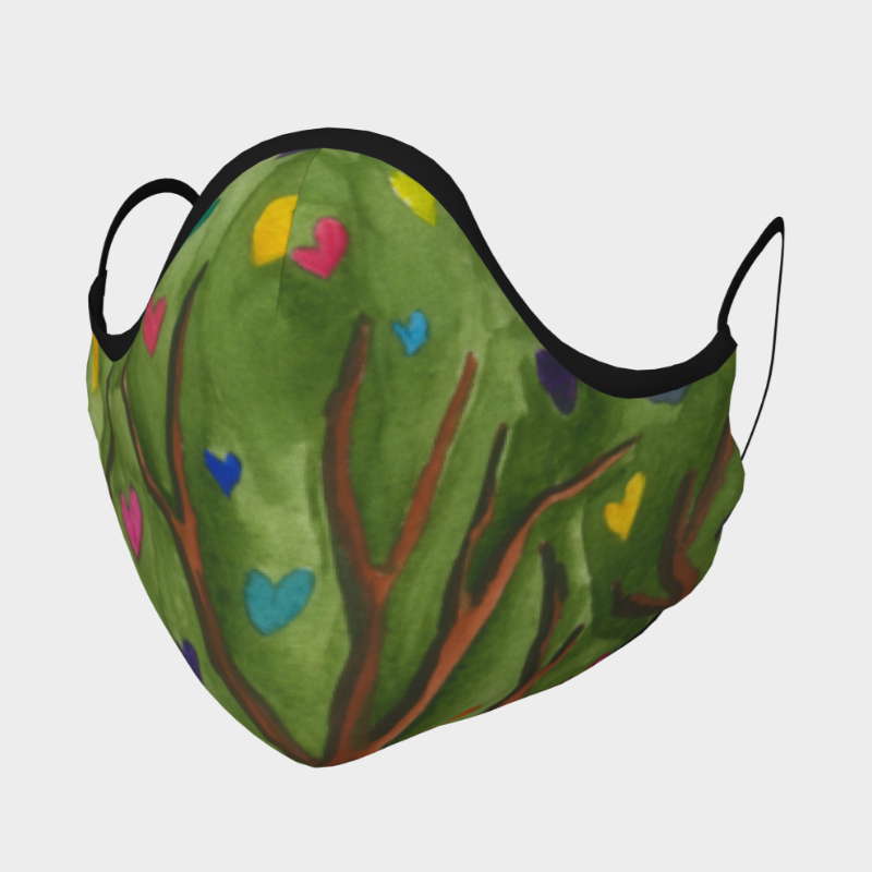 Face mask with green background/brown branches/coloured leaves
