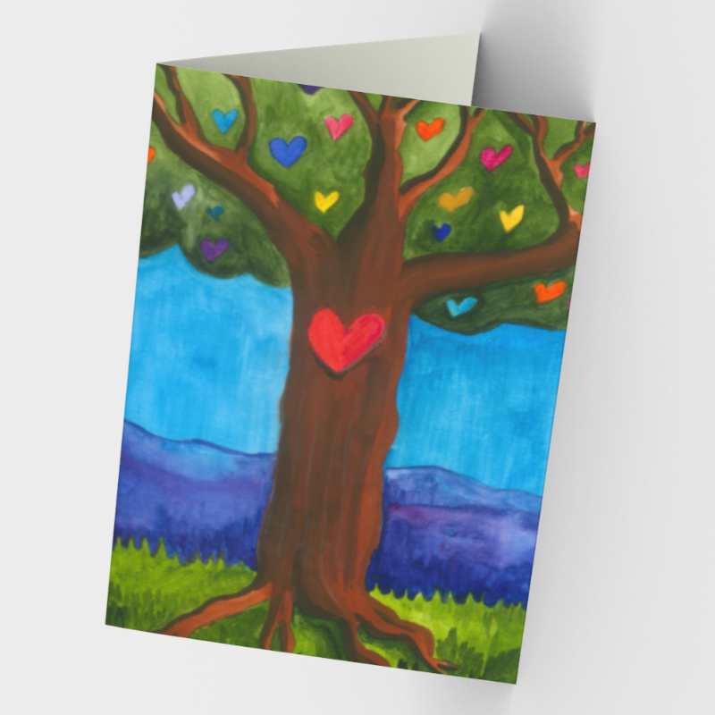 Stationery card featuring print of tree of life with heart on trunk and heart-shaped leaves