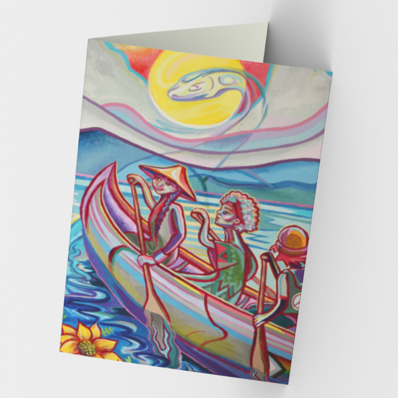 Stationery card featuring print of canoeists and Ogopogo.
